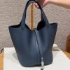 Hermes Picotin Lock 22 CM Bag Handmade In Taurillon Clemence Leather Silver Hardware 7P Bleu De Prusse