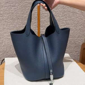 Hermes Picotin Lock 22 CM Bag Handmade In Taurillon Clemence Leather Silver Hardware 7P Bleu De Prusse