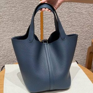 Hermes Picotin Lock 22 CM Bag Handmade In Taurillon Clemence Leather Silver Hardware 7P Bleu De Prusse - Image 2