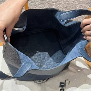 Hermes Picotin Lock 22 CM Bag Handmade In Taurillon Clemence Leather Silver Hardware 7P Bleu De Prusse - Image 13