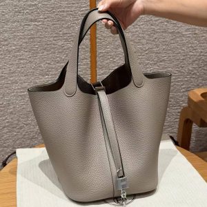 Hermes Picotin Lock 22 CM Bag Handmade In Taurillon Clemence Leather Silver Hardware 81 Gris Tourtlle
