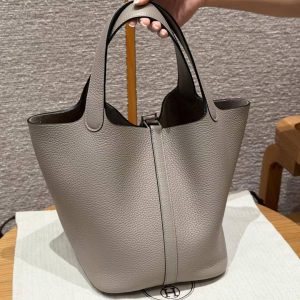 Hermes Picotin Lock 22 CM Bag Handmade In Taurillon Clemence Leather Silver Hardware 81 Gris Tourtlle - Image 2