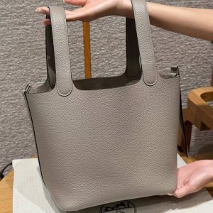 Hermes Picotin Lock 22 CM Bag Handmade In Taurillon Clemence Leather Silver Hardware 81 Gris Tourtlle - Image 15