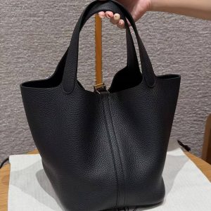 Hermes Picotin Lock 22 CM Bag Handmade In Taurillon Clemence Leather Gold Hardware 89 Noir - Image 2