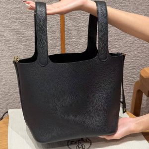 Hermes Picotin Lock 22 CM Bag Handmade In Taurillon Clemence Leather Gold Hardware 89 Noir - Image 14