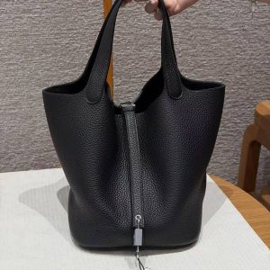 Hermes Picotin Lock 22 CM Bag Handmade In Taurillon Clemence Leather Silver Hardware 89 Noir