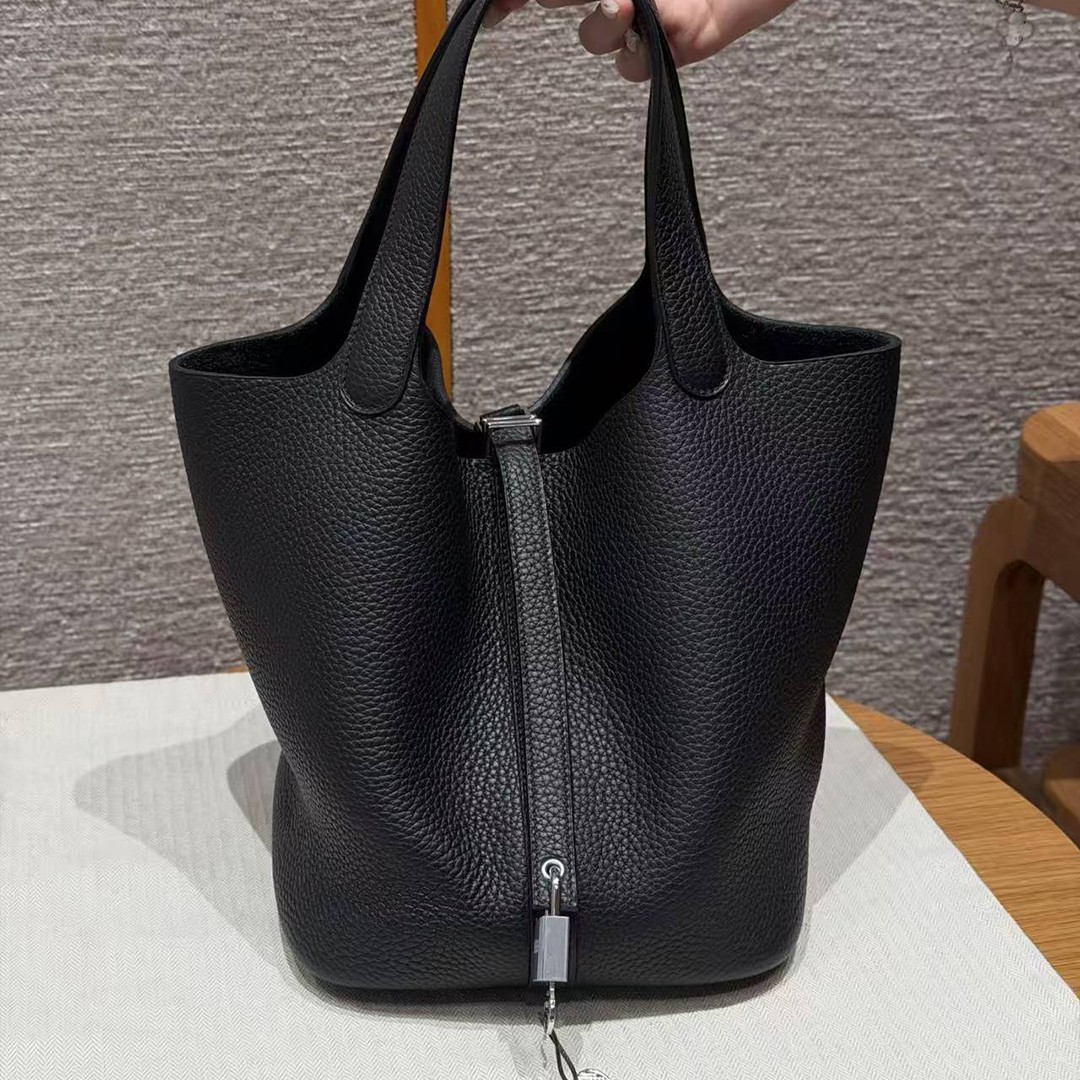 Hermes Picotin Lock 22 CM Bag Handmade In Taurillon Clemence Leather Silver Hardware 89 Noir
