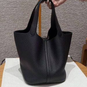 Hermes Picotin Lock 22 CM Bag Handmade In Taurillon Clemence Leather Silver Hardware 89 Noir - Image 2