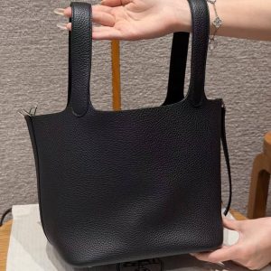 Hermes Picotin Lock 22 CM Bag Handmade In Taurillon Clemence Leather Silver Hardware 89 Noir - Image 12