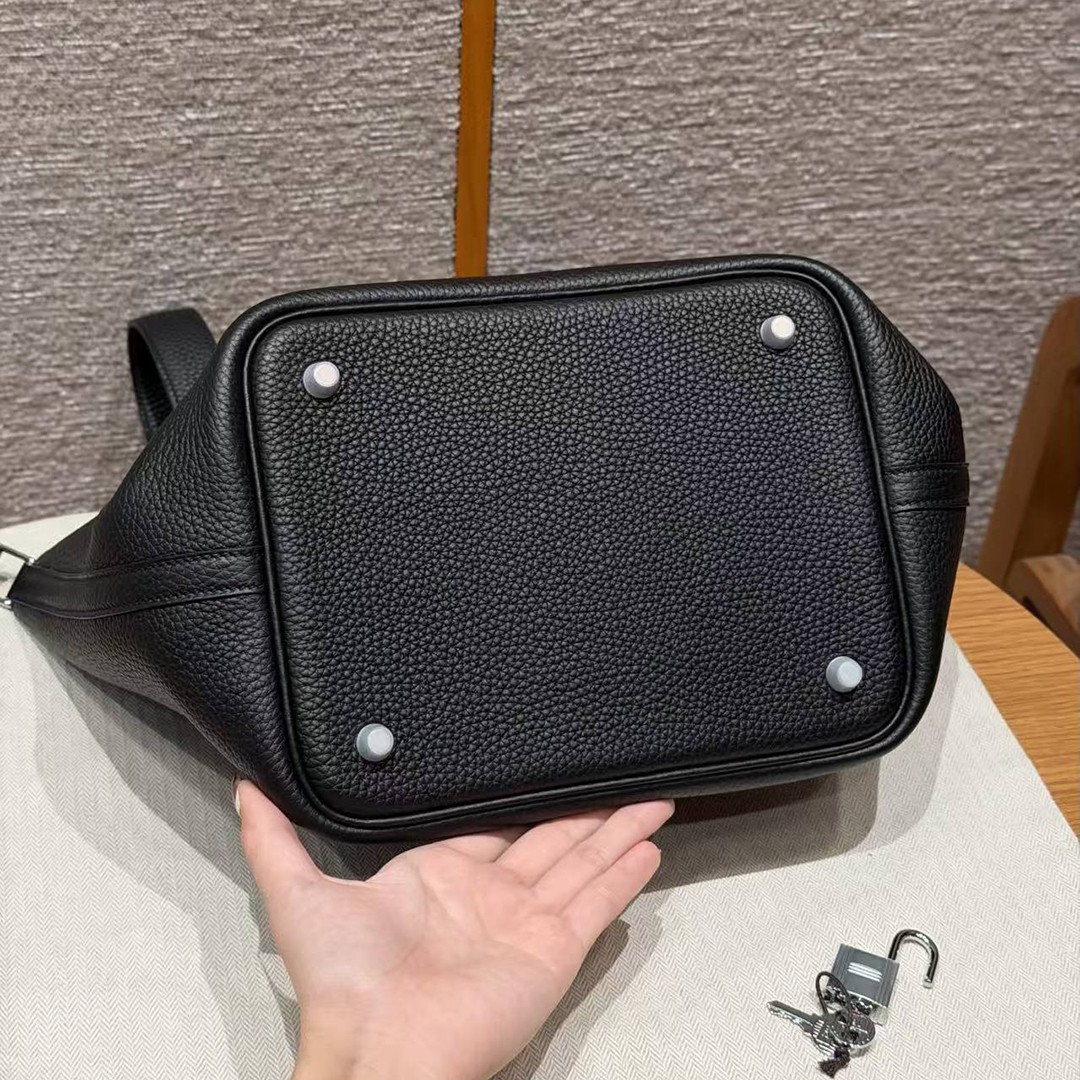 Hermes Picotin Lock 22 CM Bag Handmade In Taurillon Clemence Leather Silver Hardware 89 Noir - Image 10