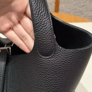 Hermes Picotin Lock 22 CM Bag Handmade In Taurillon Clemence Leather Silver Hardware 89 Noir - Image 6