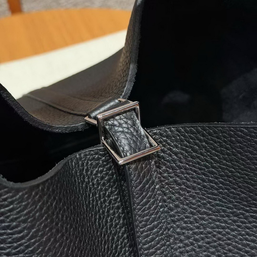 Hermes Picotin Lock 22 CM Bag Handmade In Taurillon Clemence Leather Silver Hardware 89 Noir - Image 5