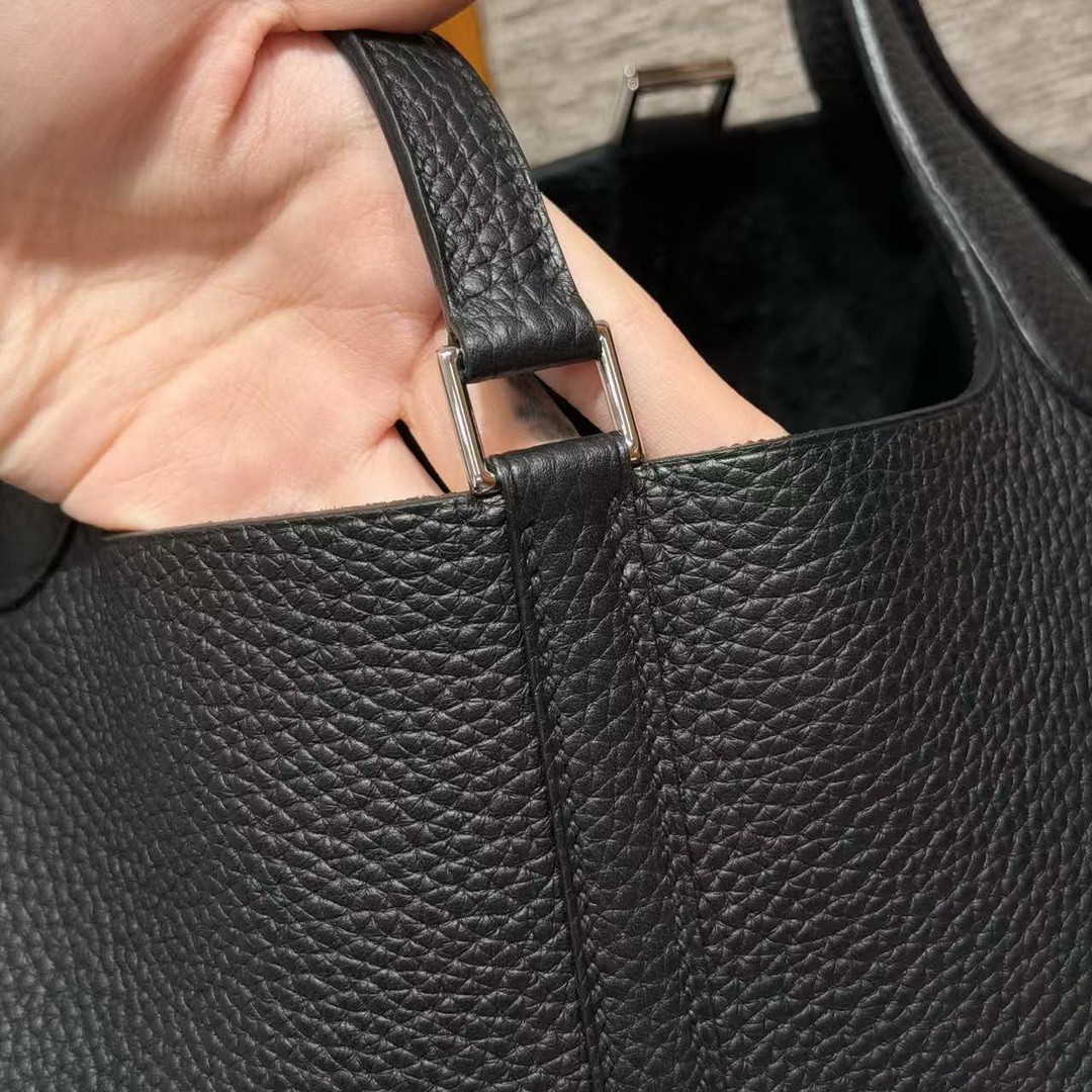 Hermes Picotin Lock 22 CM Bag Handmade In Taurillon Clemence Leather Silver Hardware 89 Noir - Image 3