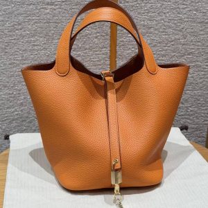 Hermes Picotin Lock 22 CM Bag Handmade In Taurillon Clemence Leather Gold Hardware 93 Orange