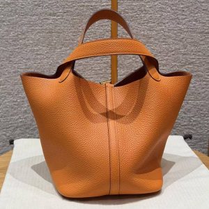 Hermes Picotin Lock 22 CM Bag Handmade In Taurillon Clemence Leather Gold Hardware 93 Orange - Image 2