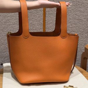Hermes Picotin Lock 22 CM Bag Handmade In Taurillon Clemence Leather Gold Hardware 93 Orange - Image 16