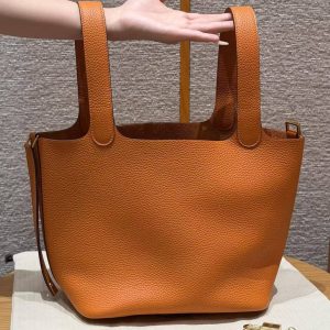 Hermes Picotin Lock 22 CM Bag Handmade In Taurillon Clemence Leather Gold Hardware 93 Orange - Image 15
