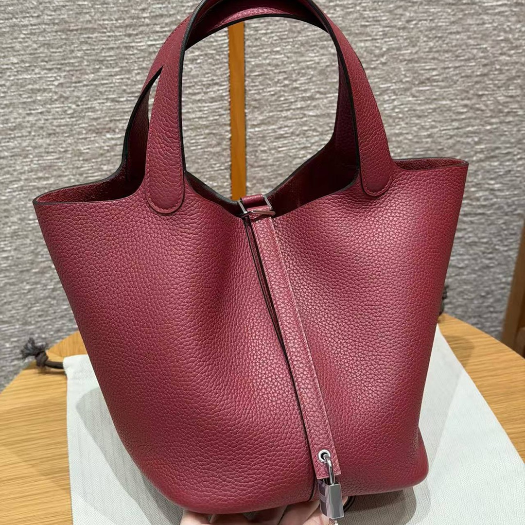Hermes Picotin Lock 22 CM Bag Handmade In Taurillon Clemence Leather Silver Hardware B5 Ruby