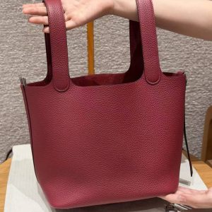 Hermes Picotin Lock 22 CM Bag Handmade In Taurillon Clemence Leather Silver Hardware B5 Ruby - Image 2