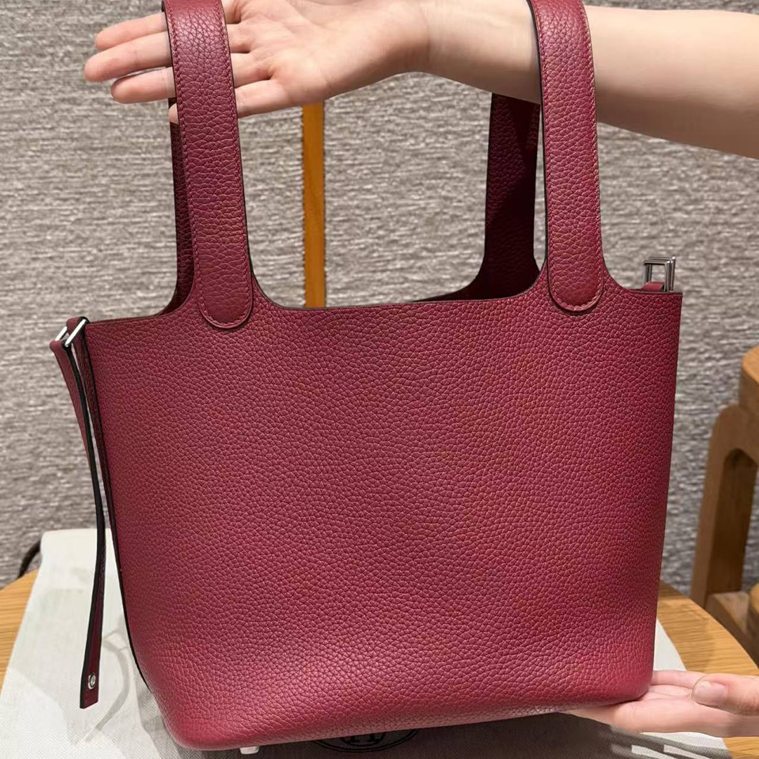 Hermes Picotin Lock 22 CM Bag Handmade In Taurillon Clemence Leather Silver Hardware B5 Ruby - Image 12