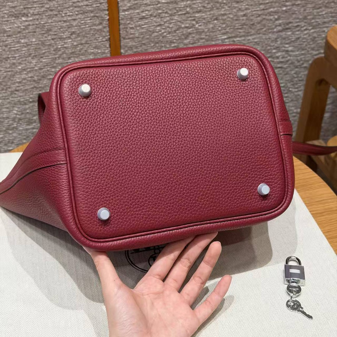 Hermes Picotin Lock 22 CM Bag Handmade In Taurillon Clemence Leather Silver Hardware B5 Ruby - Image 11