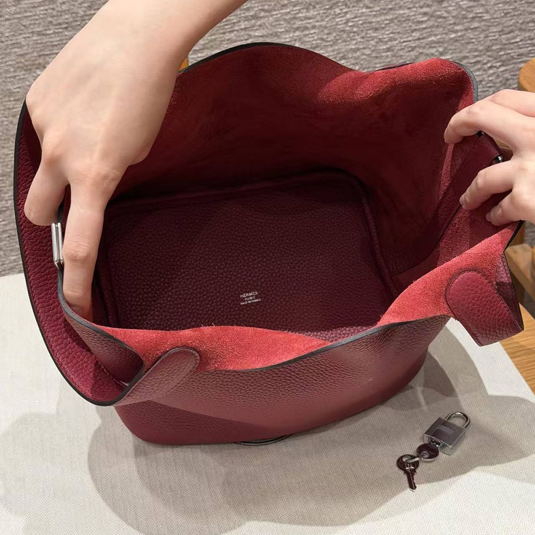 Hermes Picotin Lock 22 CM Bag Handmade In Taurillon Clemence Leather Silver Hardware B5 Ruby - Image 10