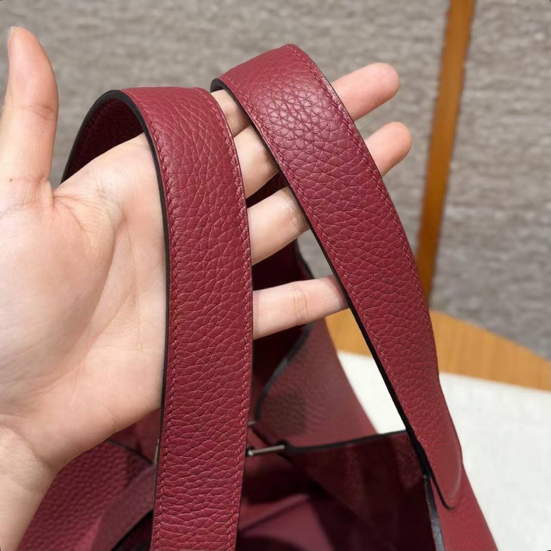 Hermes Picotin Lock 22 CM Bag Handmade In Taurillon Clemence Leather Silver Hardware B5 Ruby - Image 7