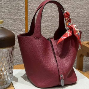 Hermes Picotin Lock 22 CM Bag Handmade In Taurillon Clemence Leather Silver Hardware B5 Ruby - Image 6
