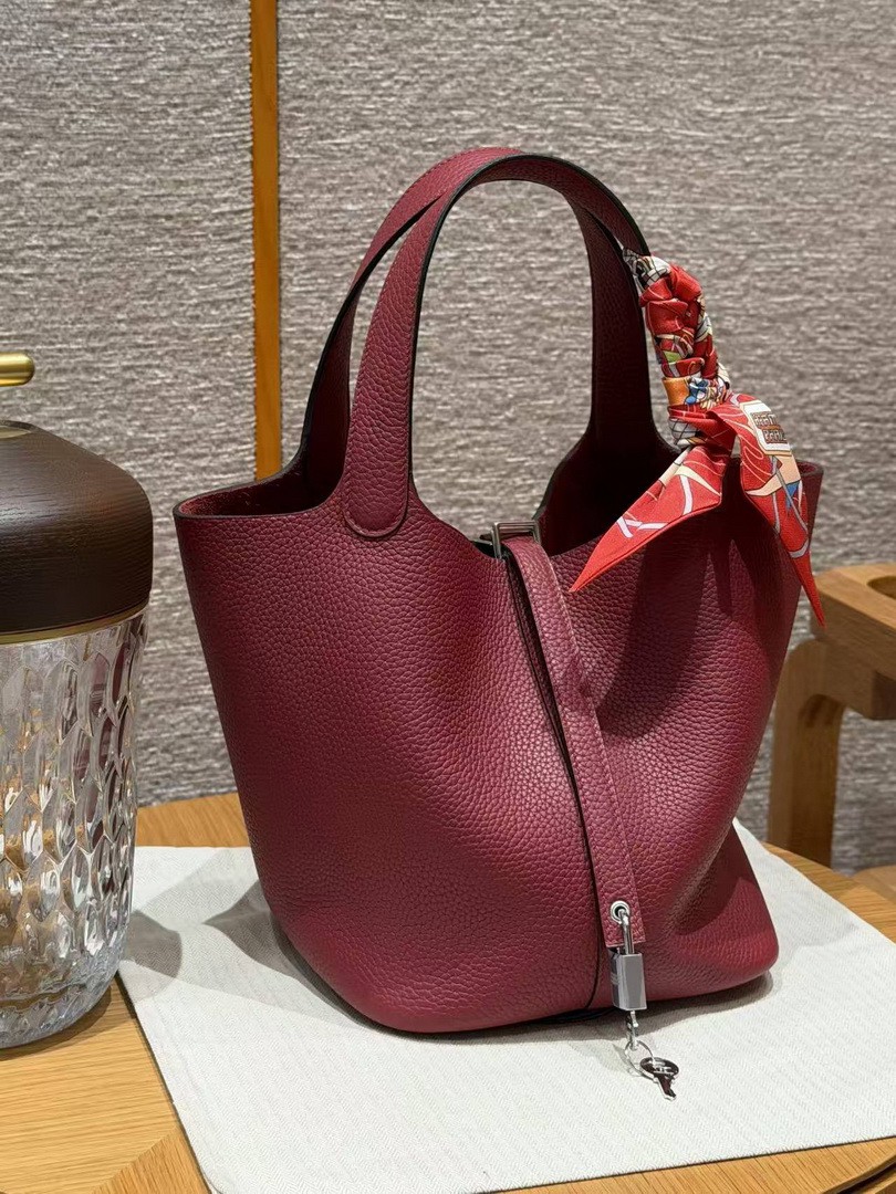 Hermes Picotin Lock 22 CM Bag Handmade In Taurillon Clemence Leather Silver Hardware B5 Ruby - Image 6