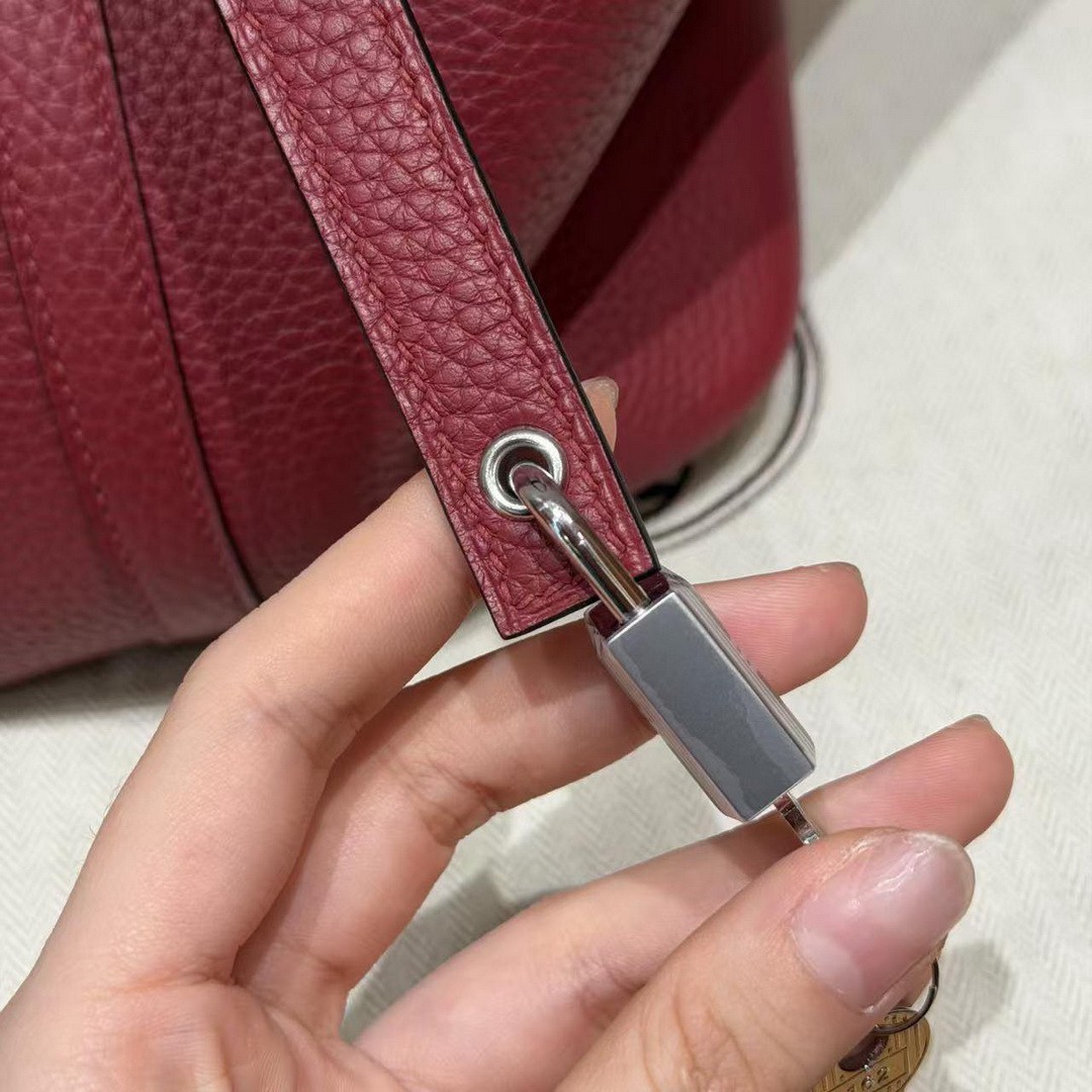 Hermes Picotin Lock 22 CM Bag Handmade In Taurillon Clemence Leather Silver Hardware B5 Ruby - Image 4