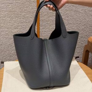 Hermes Picotin Lock 22 CM Bag Handmade In Taurillon Clemence Leather Silver Hardware H0 Girs Misty - Image 2