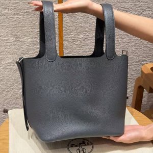 Hermes Picotin Lock 22 CM Bag Handmade In Taurillon Clemence Leather Silver Hardware H0 Girs Misty - Image 17