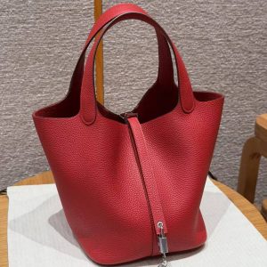 Hermes Picotin Lock 22 CM Bag Handmade In Taurillon Clemence Leather Silver Hardware Q5 Rouge Casque