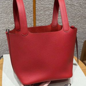 Hermes Picotin Lock 22 CM Bag Handmade In Taurillon Clemence Leather Silver Hardware Q5 Rouge Casque - Image 14