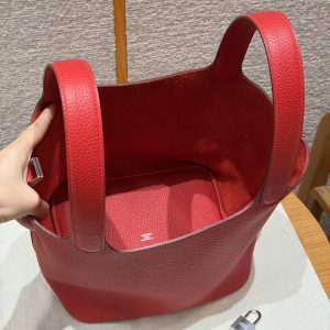 Hermes Picotin Lock 22 CM Bag Handmade In Taurillon Clemence Leather Silver Hardware Q5 Rouge Casque - Image 13