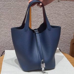 Hermes Picotin Lock 22 CM Bag Handmade In Taurillon Clemence Leather Silver Hardware S4 Deep Blue P9 Anemone
