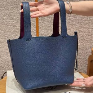 Hermes Picotin Lock 22 CM Bag Handmade In Taurillon Clemence Leather Silver Hardware S4 Deep Blue P9 Anemone - Image 15