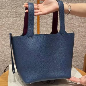 Hermes Picotin Lock 22 CM Bag Handmade In Taurillon Clemence Leather Silver Hardware S4 Deep Blue P9 Anemone - Image 14