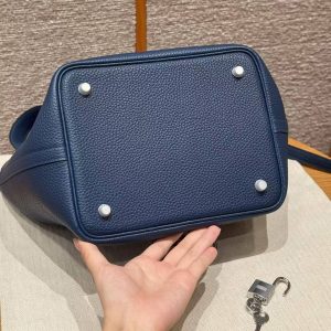 Hermes Picotin Lock 22 CM Bag Handmade In Taurillon Clemence Leather Silver Hardware S4 Deep Blue P9 Anemone - Image 13