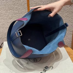 Hermes Picotin Lock 22 CM Bag Handmade In Taurillon Clemence Leather Silver Hardware S4 Deep Blue P9 Anemone - Image 12