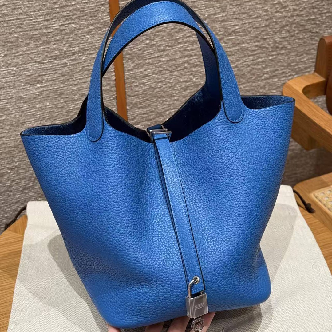Hermes Picotin Lock 22 CM Bag Handmade In Taurillon Clemence Leather Silver Hardware T7 Blue Hydra