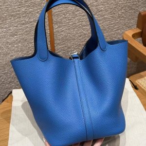 Hermes Picotin Lock 22 CM Bag Handmade In Taurillon Clemence Leather Silver Hardware T7 Blue Hydra - Image 2