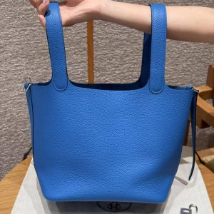 Hermes Picotin Lock 22 CM Bag Handmade In Taurillon Clemence Leather Silver Hardware T7 Blue Hydra - Image 17
