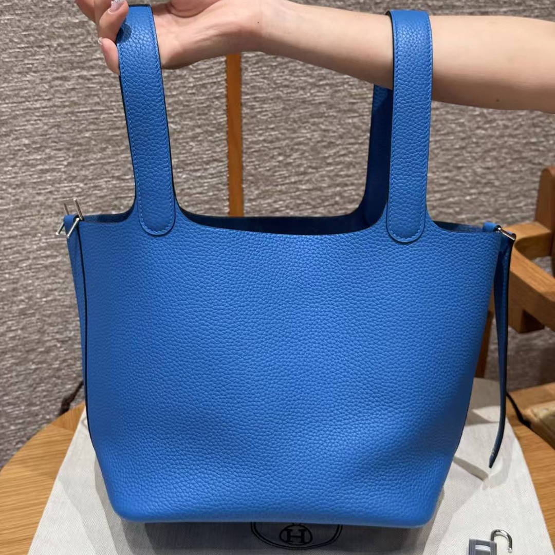 Hermes Picotin Lock 22 CM Bag Handmade In Taurillon Clemence Leather Silver Hardware T7 Blue Hydra - Image 17
