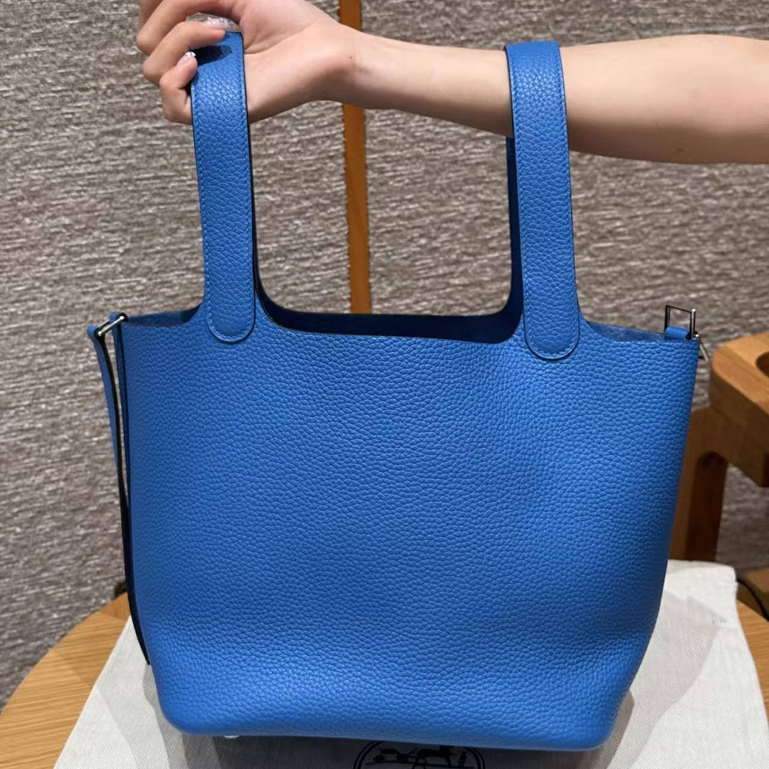 Hermes Picotin Lock 22 CM Bag Handmade In Taurillon Clemence Leather Silver Hardware T7 Blue Hydra - Image 16