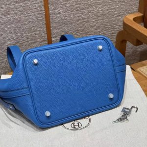 Hermes Picotin Lock 22 CM Bag Handmade In Taurillon Clemence Leather Silver Hardware T7 Blue Hydra - Image 15