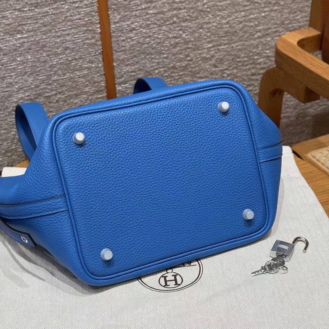 Hermes Picotin Lock 22 CM Bag Handmade In Taurillon Clemence Leather Silver Hardware T7 Blue Hydra - Image 15