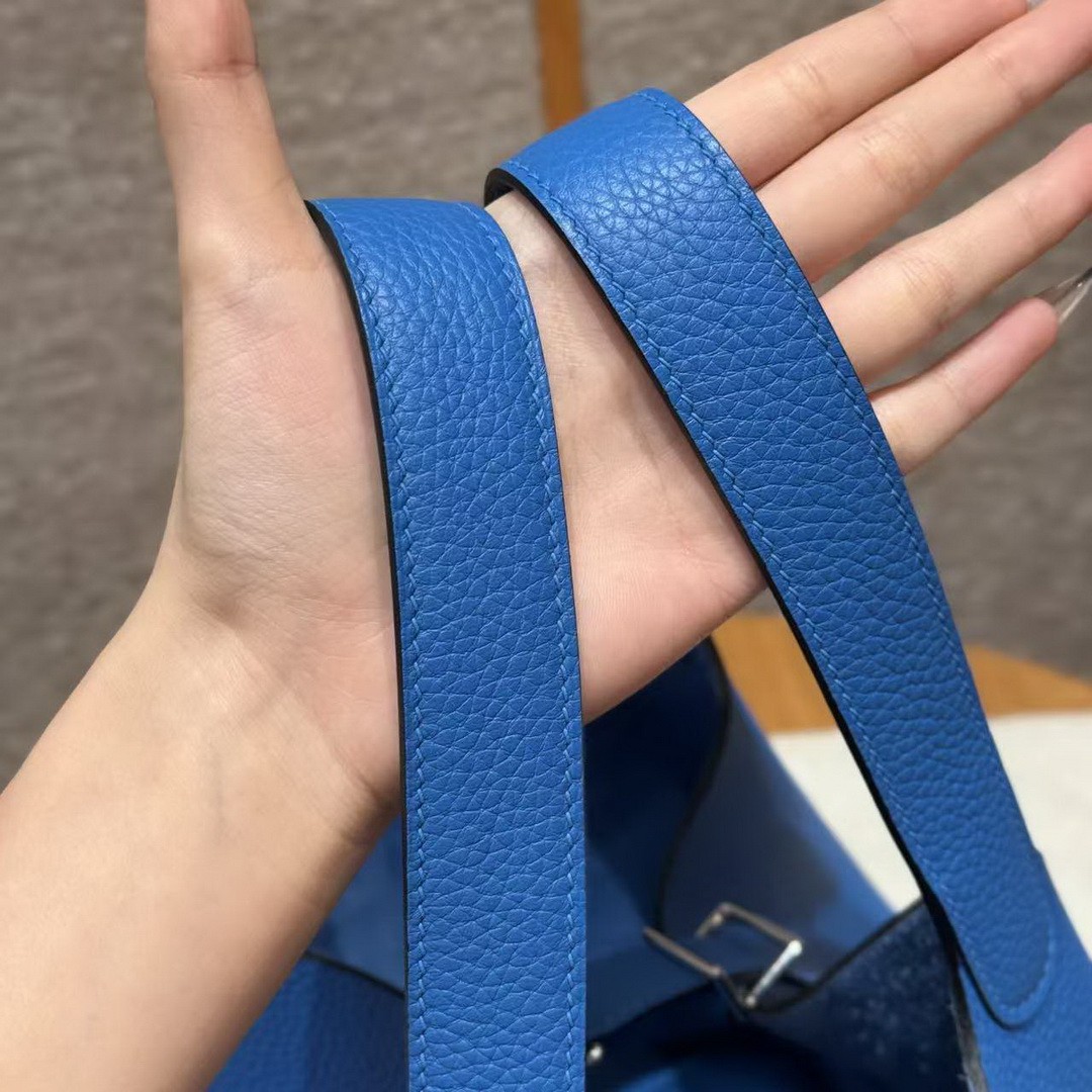 Hermes Picotin Lock 22 CM Bag Handmade In Taurillon Clemence Leather Silver Hardware T7 Blue Hydra - Image 12