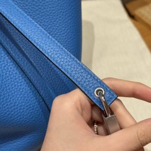 Hermes Picotin Lock 22 CM Bag Handmade In Taurillon Clemence Leather Silver Hardware T7 Blue Hydra - Image 11