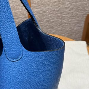 Hermes Picotin Lock 22 CM Bag Handmade In Taurillon Clemence Leather Silver Hardware T7 Blue Hydra - Image 9